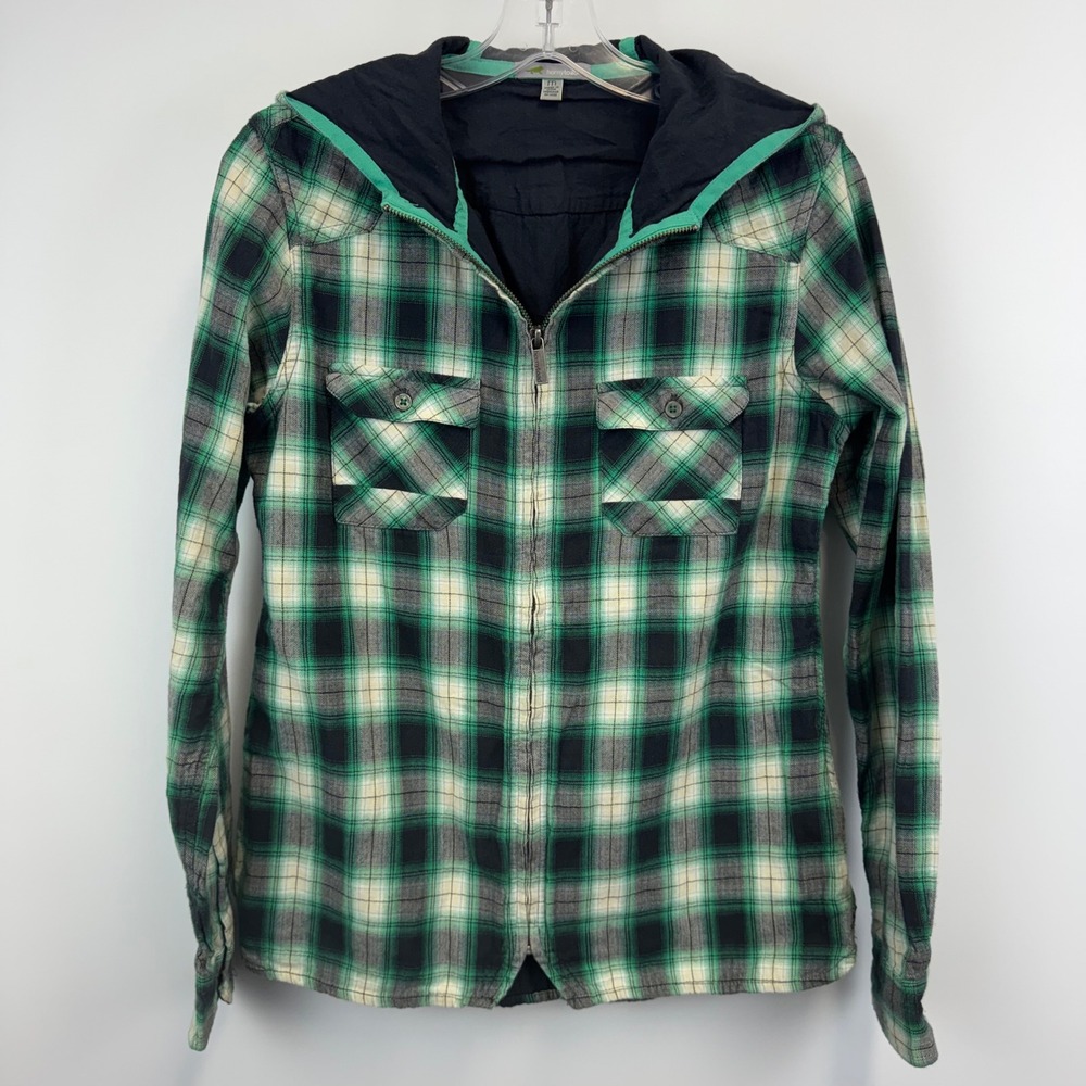 Horny Toad Womens Green Black Plaid Organic Cotton Zip Hooded Flannel Jacket
